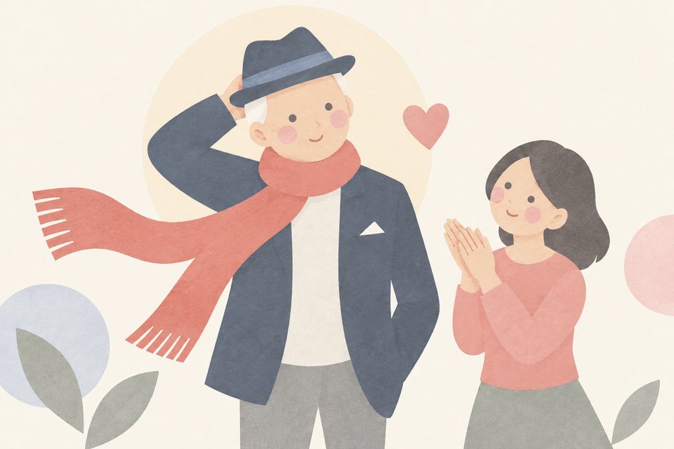 スーツと帽子で装ったお父さまが照れ笑いし、娘さんが拍手している挿絵