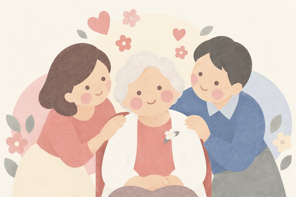すてきなブラウスを着たおばあさまが、家族にほめられて笑顔になる挿絵