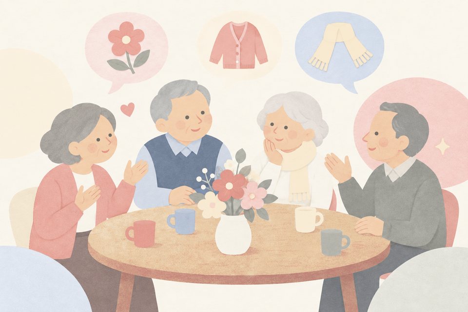 テーブルを囲んだ皆さんが服の話で盛り上がっている挿絵