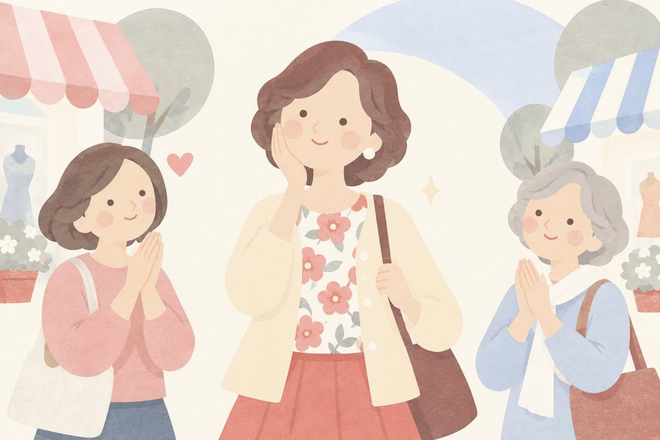 明るい服の女性が友人にほめられて笑顔になっている挿絵