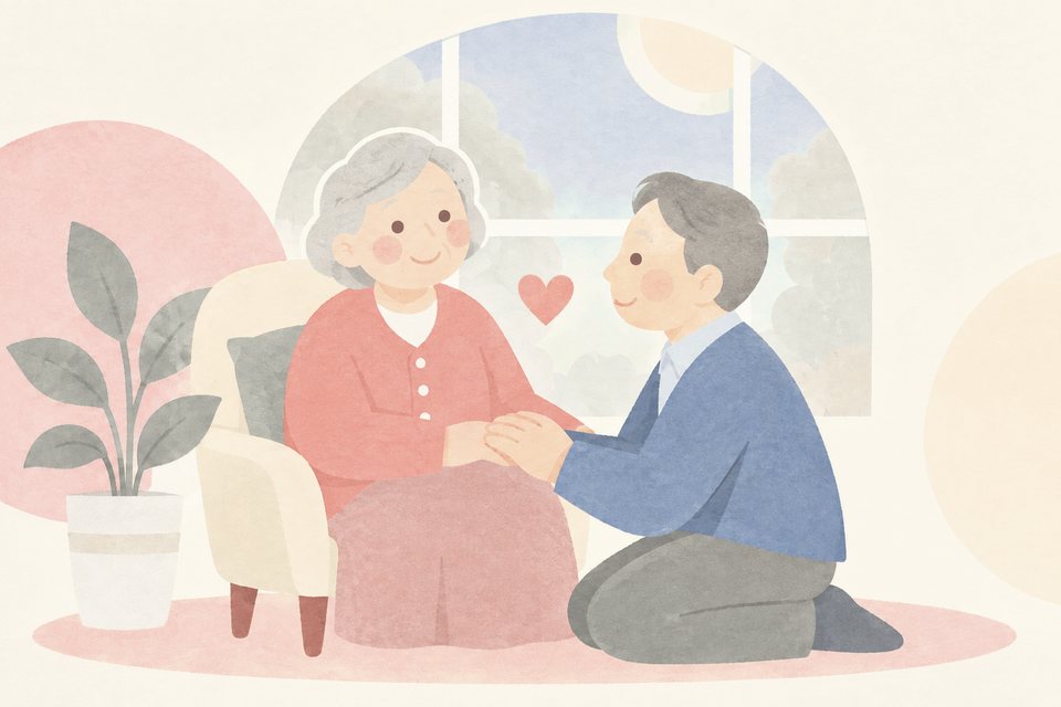 新しいカーディガンを着たお母さまと、手を握って安心する息子さんの挿絵