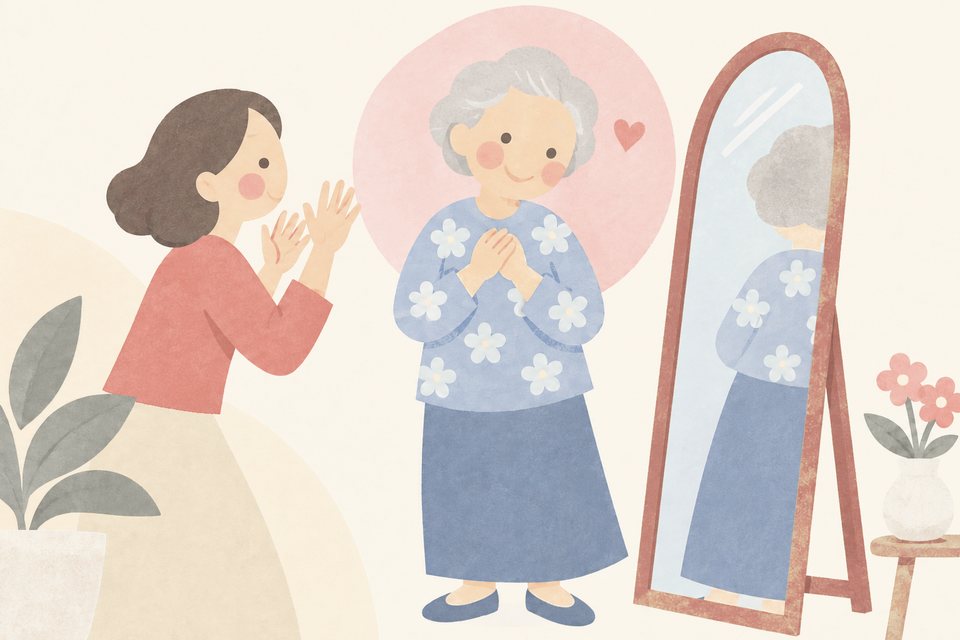新しいブラウスを着たお母さまが、娘さんにほめられて笑顔になる挿絵