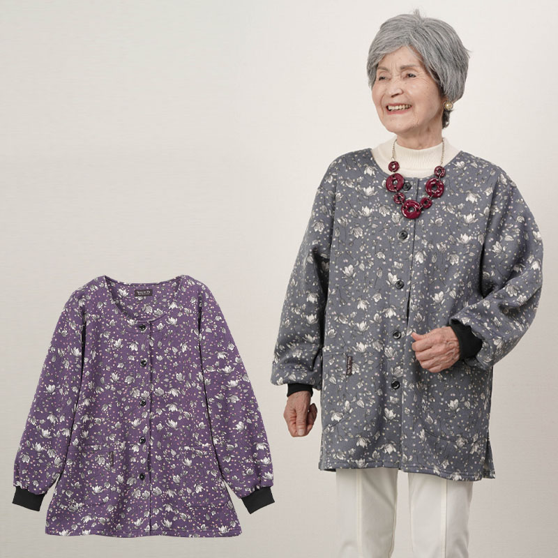 裏起毛花柄プリント前開きスモック