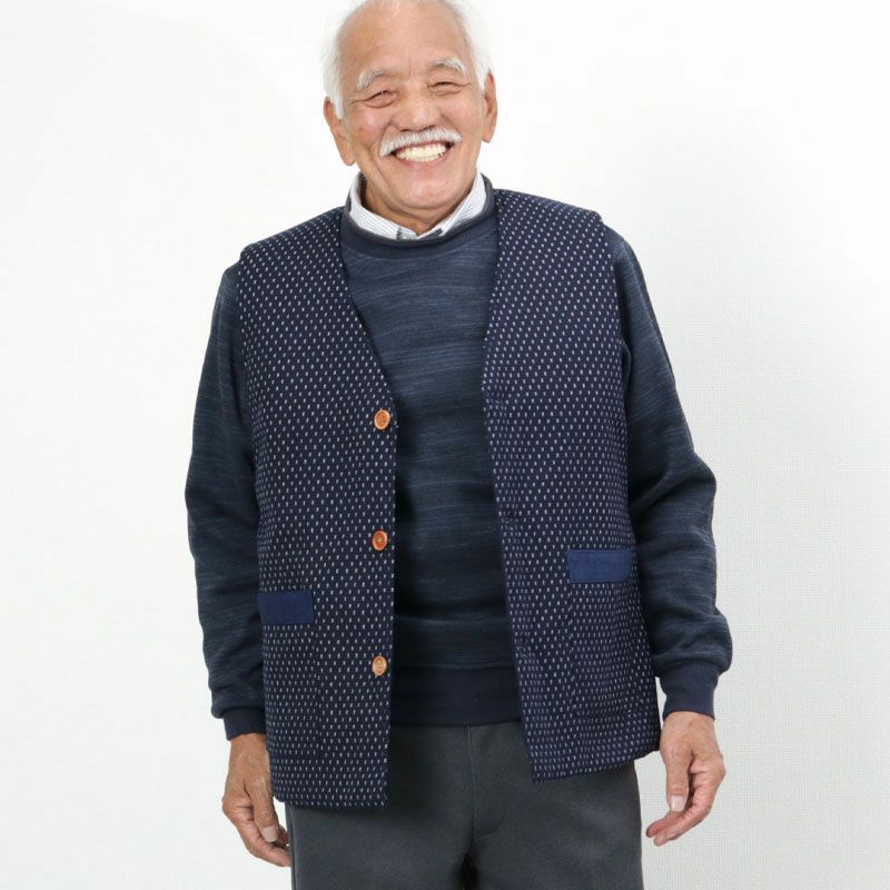 日本製 紳士 久留米織 あられ柄 裏キルト ベスト