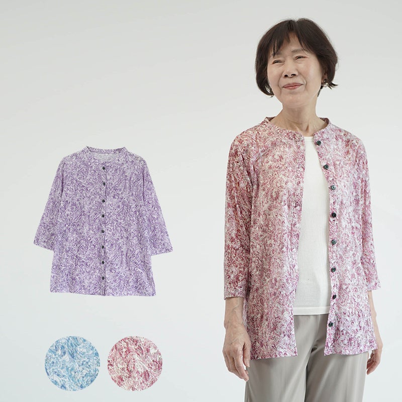70代80代 前開き 七分袖ブラウス ペイズリー柄オパール