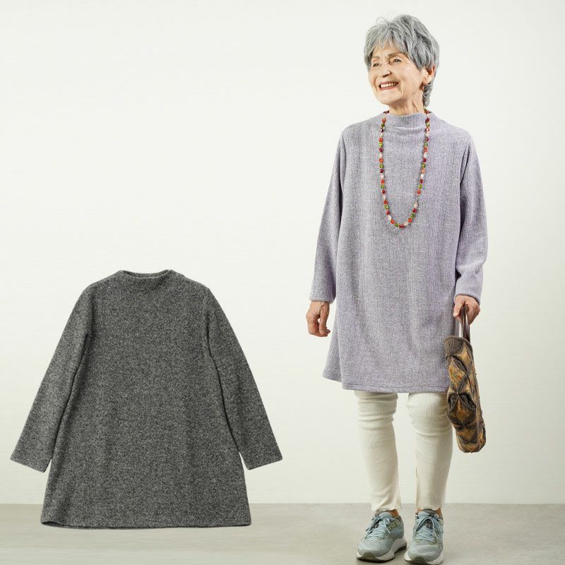 ベロア花刺繍 ボトルネックチュニック