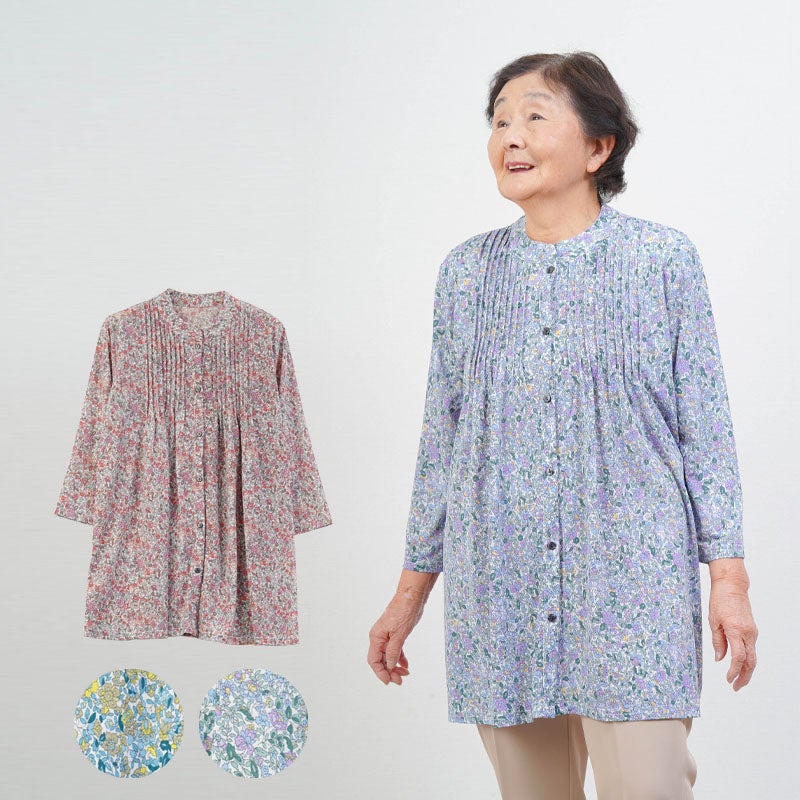 花柄 ピンタックストレッチ 七分袖ブラウス