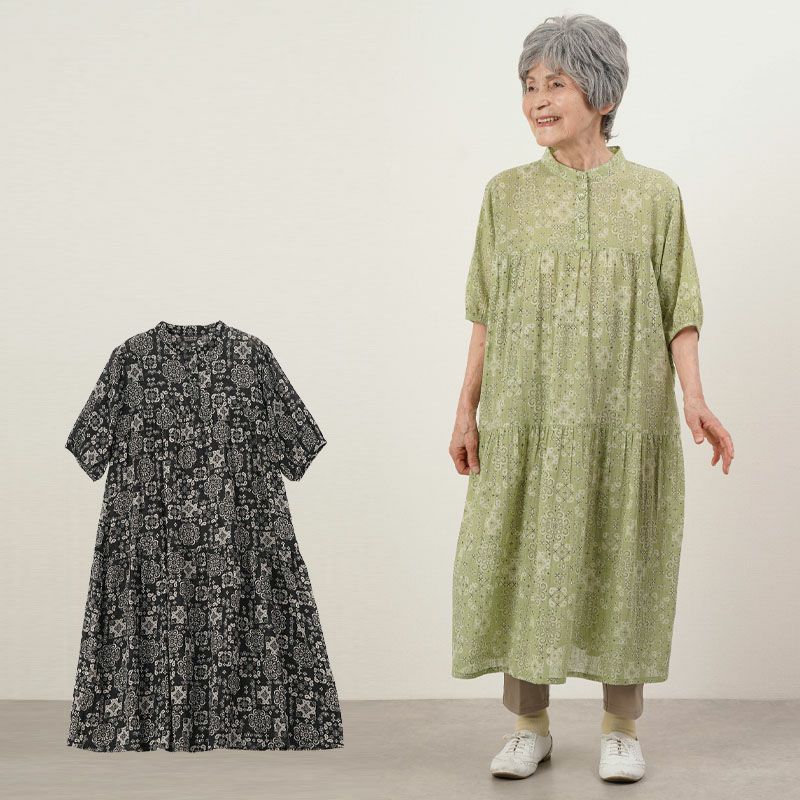 バンダナ柄 綿ボイルプリント ティアードワンピース