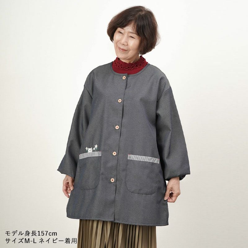 デニム調 ネコ刺しゅ う前開き スモック 割烹着
