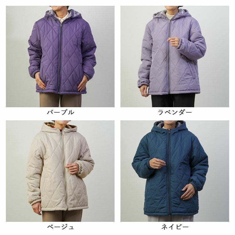 【パープル】防風 撥水 保温 ロゴダイヤチェックキルト フルジップ フーディー (WOMENS) ダイヤキルト中綿 裏フリース フード付きハーフコート
