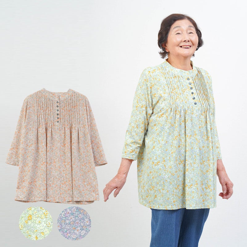 花柄 ピンタックストレッチ 七分袖ブラウス