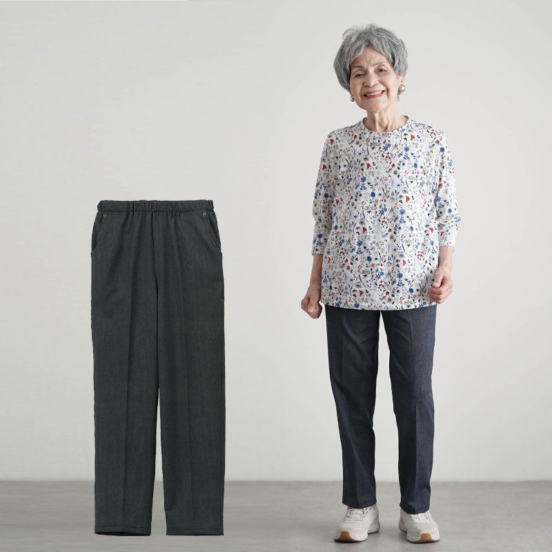 乾燥機対応 デニム風ストレッチカジュアルパンツ 股下62cm