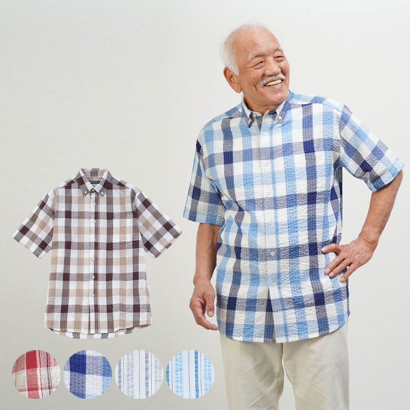 鹿の子 チェック柄プリント 半袖ポロシャツ