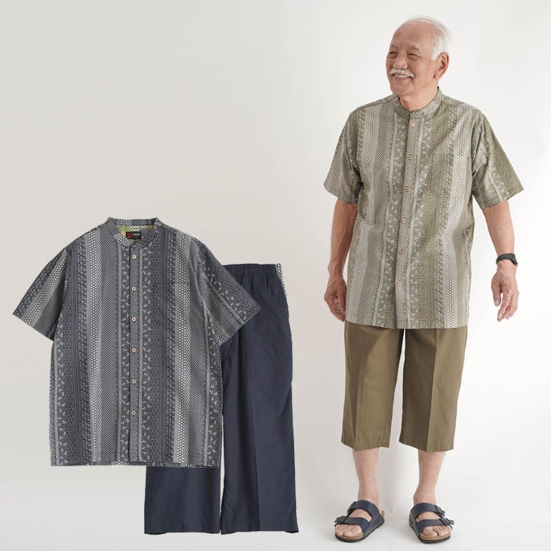 古希祝いに贈る綿100%和柄ストライプの全開半袖シャツと七分丈ズボンの部屋着上下セット