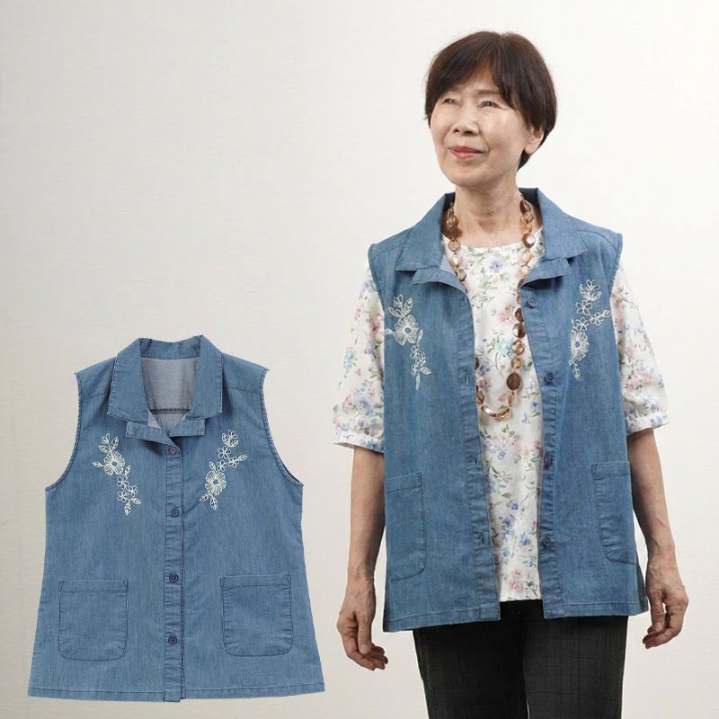 花*山様 EVISU 襟付きデニムベスト サイズ42 花刺繍 デニムベスト