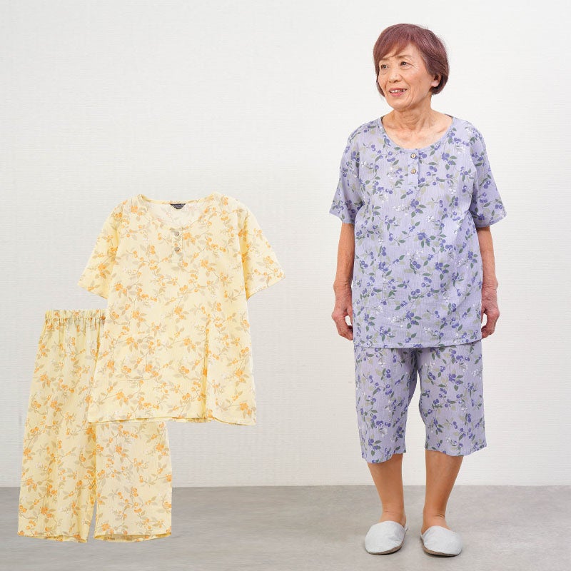 楊柳 綿100% 半袖シャツと七分丈パンツの上下セット パジャマ