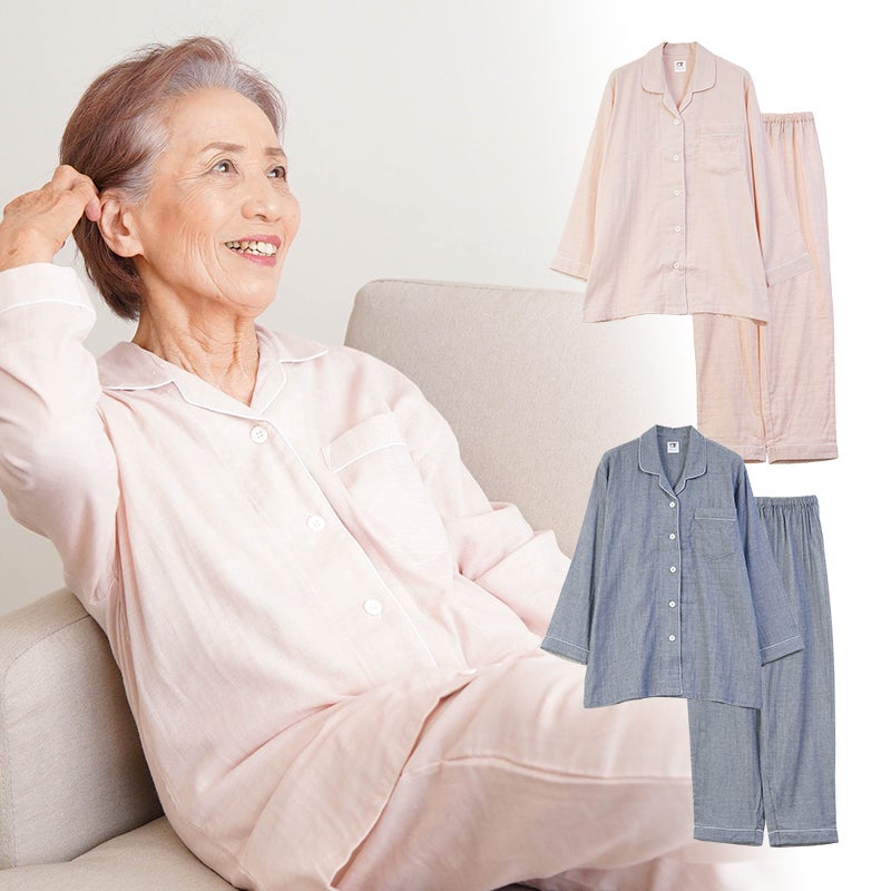 古希祝いに贈る婦人春夏用ストレッチダブルガーゼ長袖パジャマ(前開き・総ゴム)
