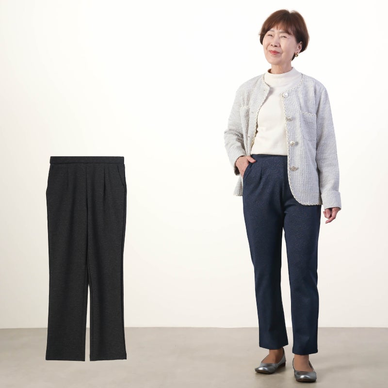 シワになりにくい 杢調 ストレッチ テーパードフィットパンツ 股下65cm